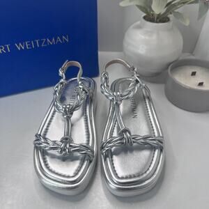 Stuart Weitzman Calypso Square Toe Sandals Metallic Silver S4563 Women 5B NWB